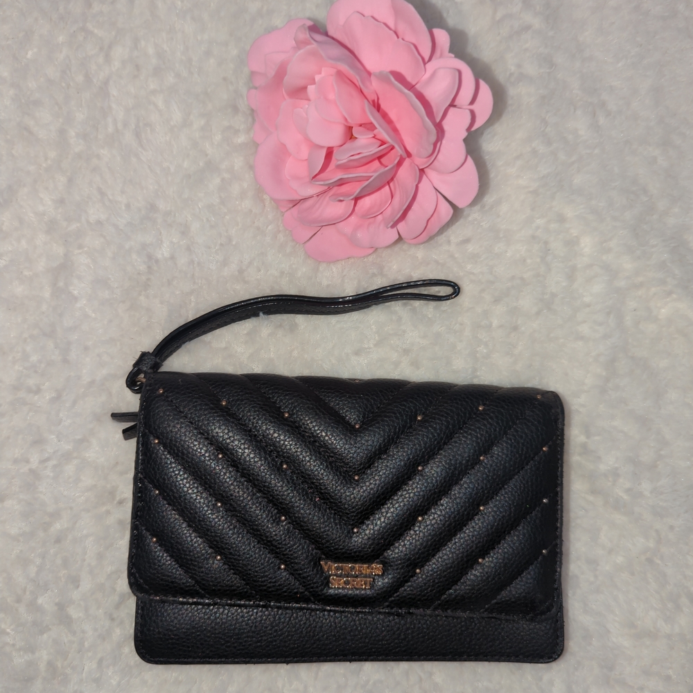 Victoria's Secret Black Quilted Wristlet Clutch with Gold Accents